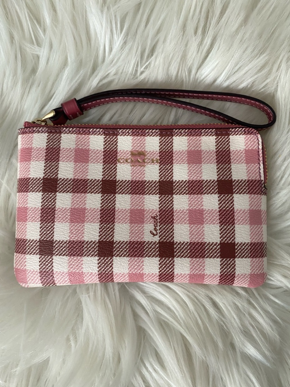 Coach Pink and White Plaid Wristlet with Gold Logo - Picture 2 of 8